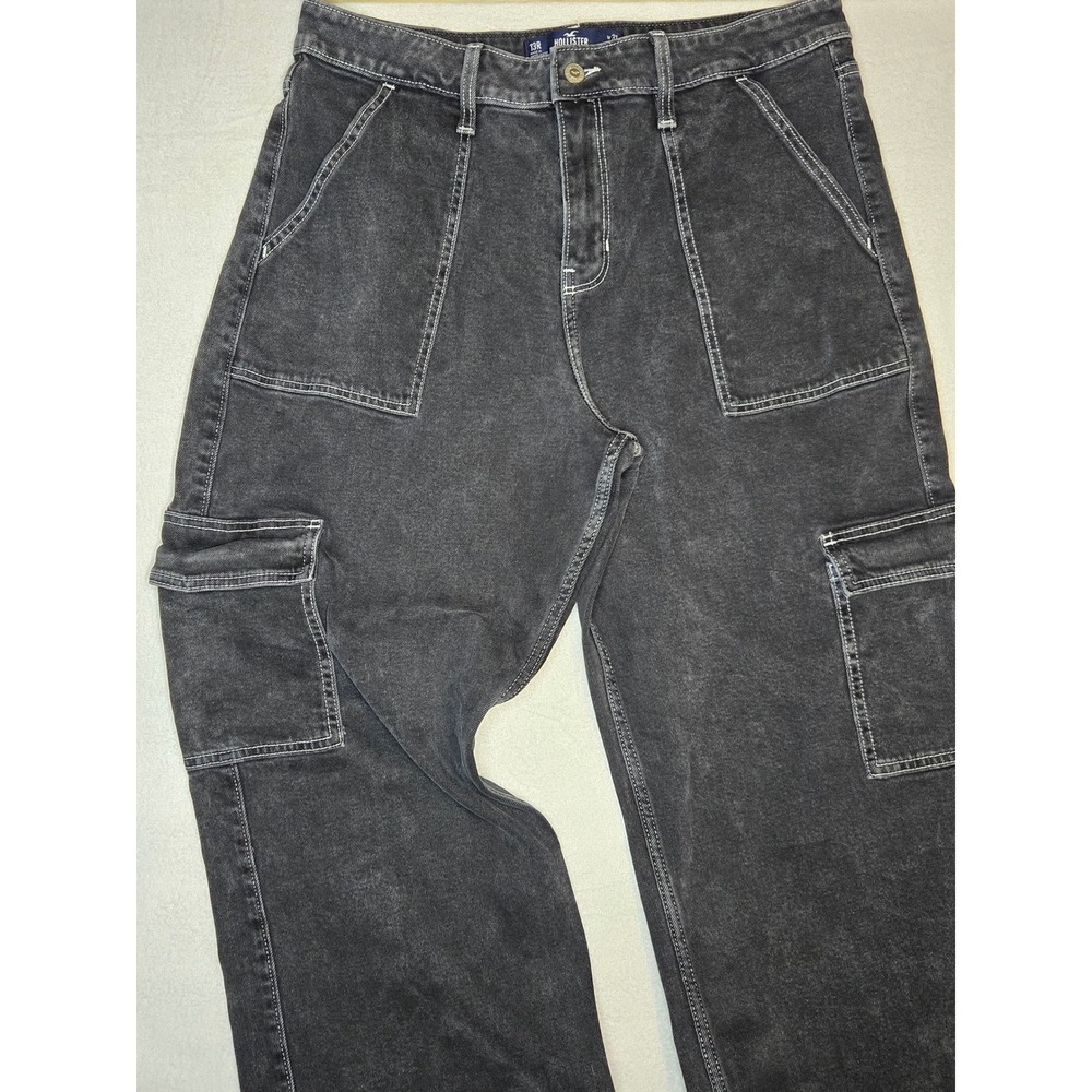 Hollister High-Rise Vintage Baggy Cargo Jeans Black White Stitch 13R W31 L31